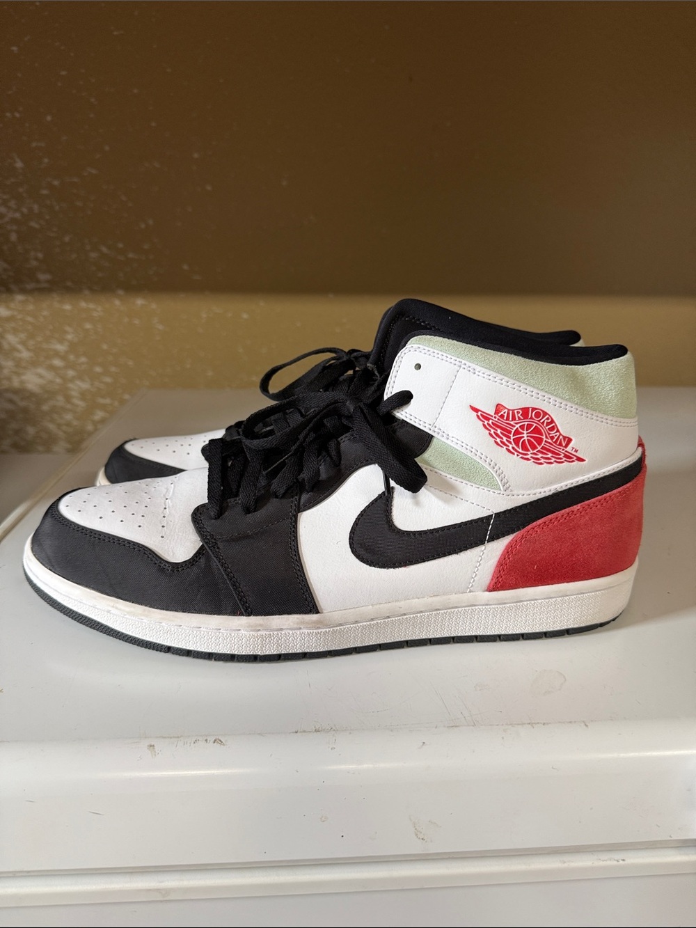 Air Jordan Mid-Top Sneakers in White, Black & Red